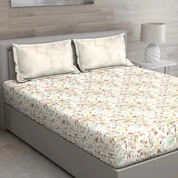 GM White & Coffee Brown Floral 144 TC King Bedsheet with 2 Pillow Covers-image-79