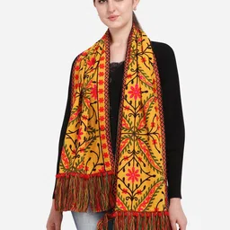 MESMORA FASHION Mustard & Pink Embroidered Woollen Muffler-picture-3
