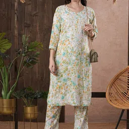 ADA Floral Printed Round Neck Regular Lucknowi Chikankari Kurta with Trousers-picture-23