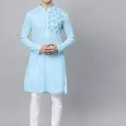 See Designs Men Turquoise Blue Ethnic Motifs Yoke Design Regular Pure Cotton Kurta with Trousers-image-28