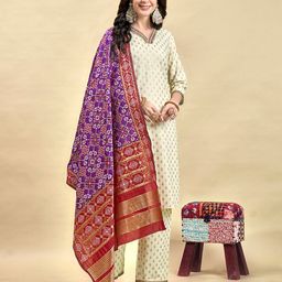 Anouk Cream Floral Printed V-Neck Pure Cotton Kurta with Palazzos & With Dupatta-38