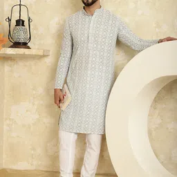 SOJANYA Ethnic Motifs Embroidered Mandarin Collar Pure Cotton Kurta with Churidar-40