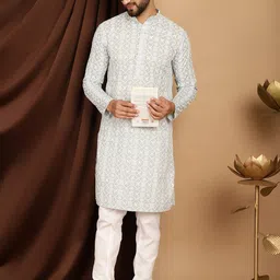 SOJANYA Ethnic Motifs Embroidered Band Collar Sequinned Pure Cotton Kurta With Churidar-33