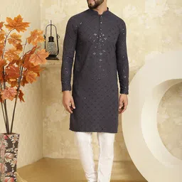 SOJANYA Geometric Embroidered Band Collar Sequinned Pure Cotton Kurta With Churidar-image-71