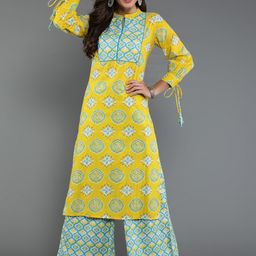 antaran Ethnic Motifs Printed Mandarin Collar Pure Cotton Kurta With Palazzos-image-59