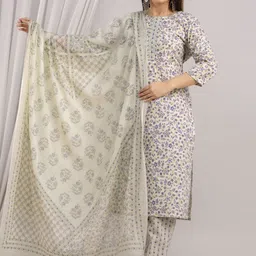 FrionKandy Women Floral Printed Regular Sequinned Pure Cotton Kurta with Trousers & With Dupatta-5