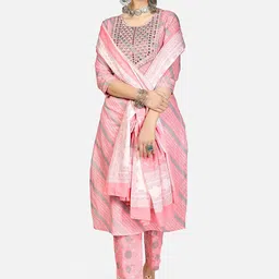 KALINI Women Pink Ethnic Motifs Striped Thread Work Pure Cotton Kurta with Trousers & With Dupatta-picture-12
