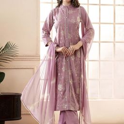Anouk Floral Embroidered Thread Work Pure Cotton Straight Kurta With Trousers & Dupatta-image-15