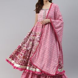 Divena Women Pink Floral Printed Empire Pure Cotton Kurta with Sharara & Dupatta-image-97