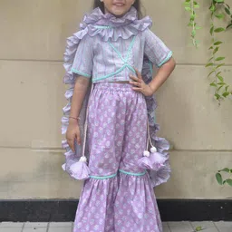 Fayon Kids Girls Floral Printed Layered Gotta Patti Pure Cotton Kurta with Skirt & With Dupatta-image-15