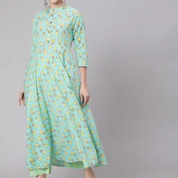 GLAM ROOTS Women Green Printed High Slit Pure Cotton Kurta with Trousers-18