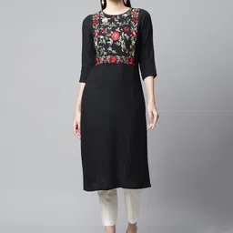 BARARA ETHNIC Women Black Floral Embroidered Pure Cotton Kurta-image-9