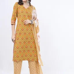 Vishudh Women Mustard Yellow Ethnic Motifs Printed Pure Cotton Kurti with Trousers & With Dupatta-picture-0