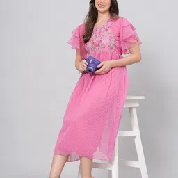 HIGHLIGHT FASHION EXPORT Floral Embroidered Georgette Dobby Fit & Flare Midi Dress-image-81