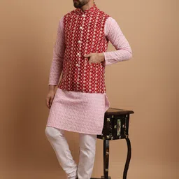 SOJANYA Men Ethnic Motifs Embroidered Pure Cotton Kurta With Pyjamas & Nehru Jacket-picture-17