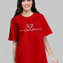 Pootlu Women Red Drop-Shoulder Sleeves Pure Cotton Oversized T-shirt-image-28