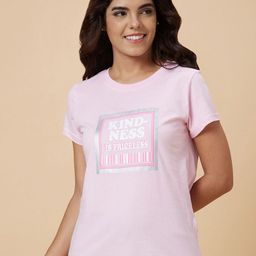 Globus Women Pink Typography Colourblocked V-Neck Pure Cotton Pockets T-shirt-image-15