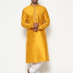 COCOI LIFESTYLE Men Mustard Yellow Dupion Silk Kurta with Churidar-image-36