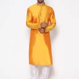 COCOI LIFESTYLE Men Mustard Yellow Dupion Silk Kurta with Pyjamas-image-34