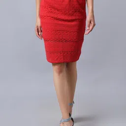 Rute Women Red Self Design Midi Pencil Straight Cotton Skirts-61