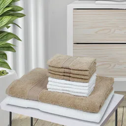 BIANCA Set Of 10 Taupe & White Solid 380 GSM Cotton Super-Soft Terry Towels-49