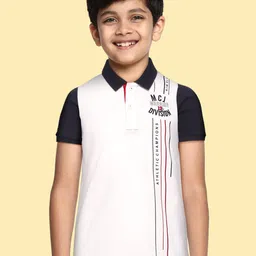 Monte Carlo Boys White & Navy Blue Printed Polo Collar Pure Cotton T-shirt-image-32
