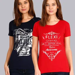 Fleximaa Women Navy Blue & Red Typography Pack Of 2 Printed Cotton T-shirt-34