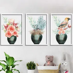 SAF Peach Colored & Green 3 Pieces Flower Pot Printed High Definition Waterproof Wall Arts-27