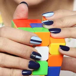 LICK 12 Pcs Navy Blue Artificial Reusable False Nails Extension With Application Kit-46