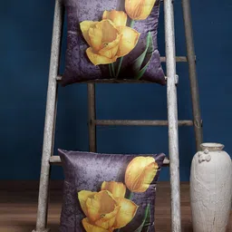 Alina decor Set of 2 Grey & Yellow Floral Square Cushion Covers-49