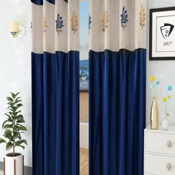 Homefab India Set of 2 Navy Blue & Cream Colored Floral Long Door Curtain-16