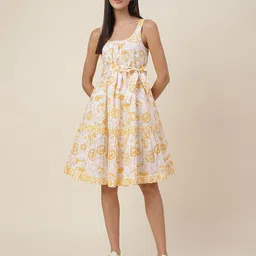 Fabindia Yellow Cotton Floral Ethnic Dress-picture-5