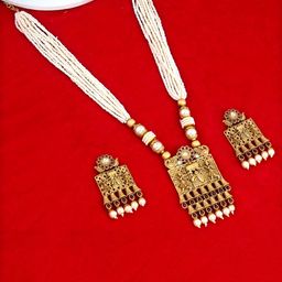 MANSIYAORANGE Gold-Plated Stone Studded & beaded Temple Theme Necklace & Earrings-image-58