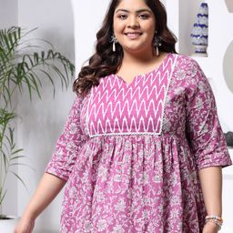Little More By Stylum Plus Size Floral Printed Pure Cotton Empire Longline Top-53