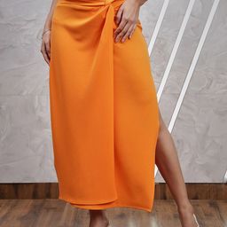 Athena Orange-Coloured Knotting Straight Midi Skirt-image-19