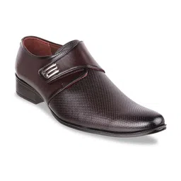 Mochi Men Maroon Textured Leather Formal Monk Shoes-image-56