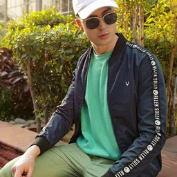 Allen Solly Sport Men Navy Blue Solid Bomber Jacket With Tape Contrast Sleeves-picture-49