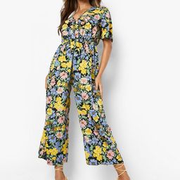 Boohoo Black & Yellow Floral Printed Tie-Up Neck Culotte Jumpsuit-47