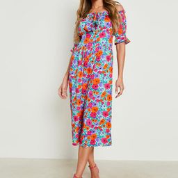 Boohoo Blue & Pink Off-Shoulder Floral Printed Bardot Culotte Jumpsuit-image-87