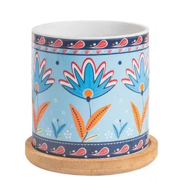 Nestasia Botanical Patterned Ceramic Planters With Wooden Coaster-90