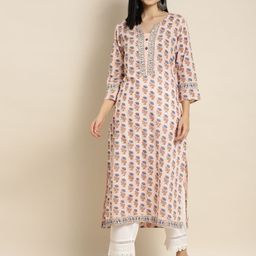Rain & Rainbow Women Coral & Blue Cotton Printed Floral Kurta-image-81