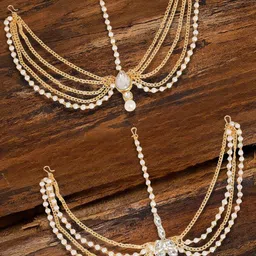 OOMPH Pack of 2 Gold-Plated Pearl Beaded Kundan Vilandi Sheeshphool-0