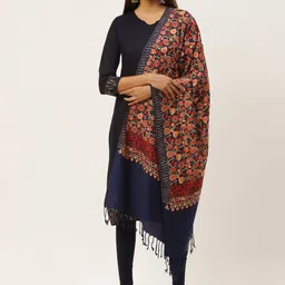 Anekaant Women Navy Blue & Peach-Coloured Floral Embroidered Shawl-34