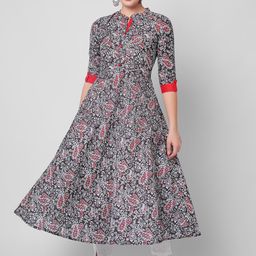 JANAKDULARI CREATION Floral Printed Mandarin Collar Thread Work A-Line Kurta-image-7
