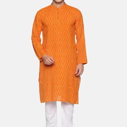 PAROKSH Men Orange & Off White Printed Ikat Handloom Pure Cotton Kurta-picture-12