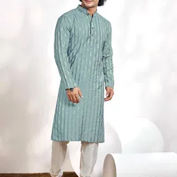Vardha Men Cold-Shoulder Sleeves Thread Work Jacquard Handloom Kurta-22