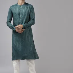 See Designs Men Teal & Beige Woven Design Thread Work Kurta-picture-22