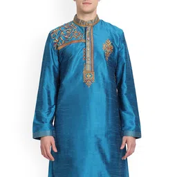 Enciger Men Turquoise Blue Handloom Kurta-24