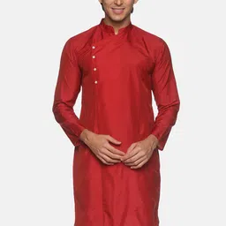Sethukrishna Men Maroon Solid Mandarin Neck Handloom Art Silk Straight Kurta-picture-35