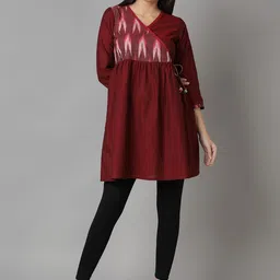 Cot'N Soft Women Maroon Ikat Yoke Design Pure Cotton Angrakha Kurta-image-3